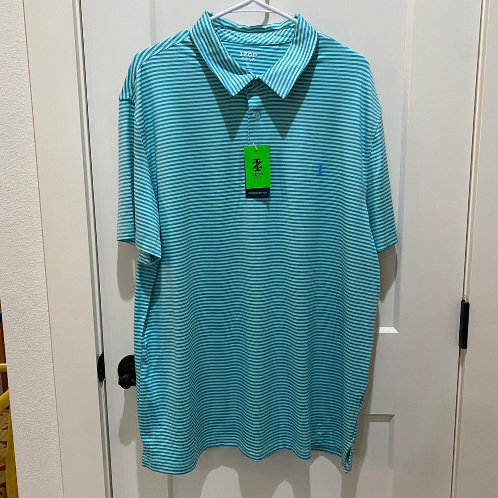 Izod Golf Men's Short Sleeve Polo. Green/Blue Stripe. XL. NWT. Poly Blend.
